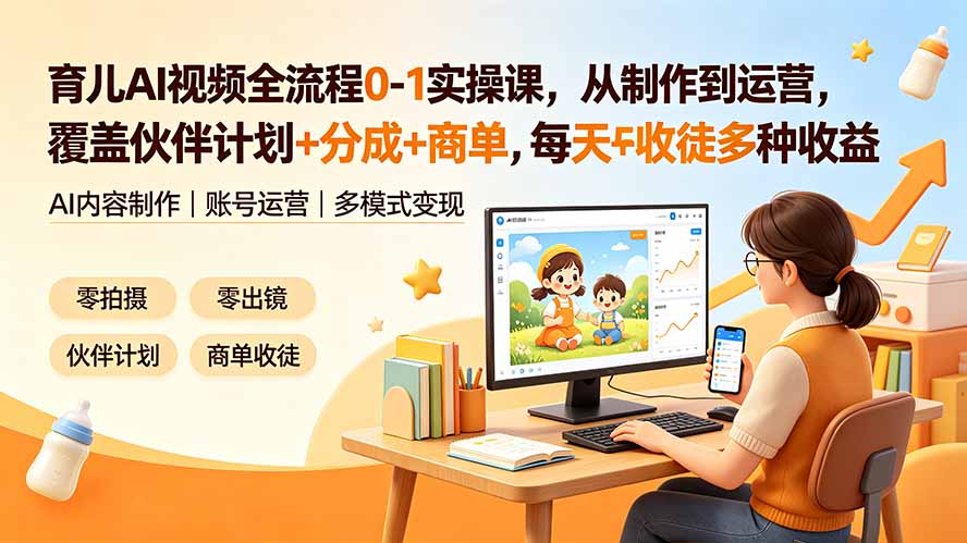 （19236期）育儿AI视频全流程0-1实操课，从制作到运营，覆盖伙伴计划+分成+商单+收徒多种收益，每天500+收益-小二项目网