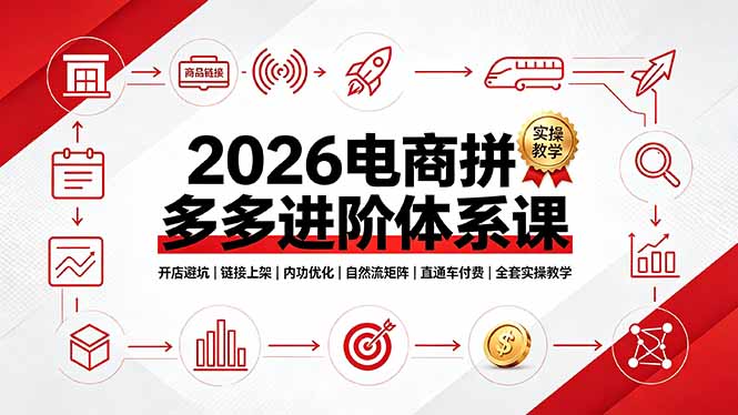 （19206期）2026电商拼多多进阶体系课，开店避坑，链接上架，内功优化，自然流矩阵｜直通车付费｜全套实操教学-小二项目网