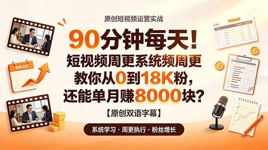 （19265期）90 分钟每天！短视频周更系统教你从 0 到 18K 粉，还能单月赚 8000 块？【原创双语字幕】-小二项目网