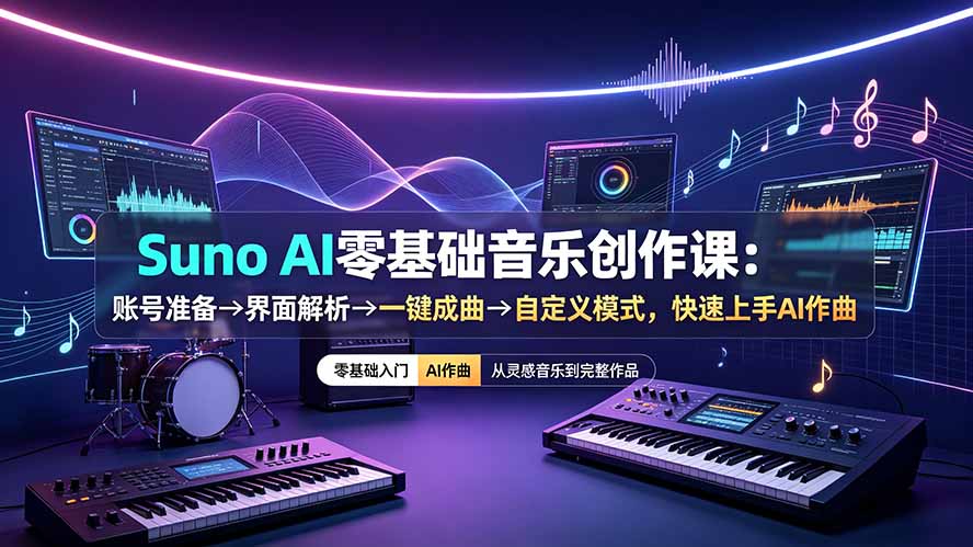 （19264期）Suno AI零基础音乐创作课：账号准备→界面解析→一键成曲→自定义模式，快速上手AI作曲-小二项目网