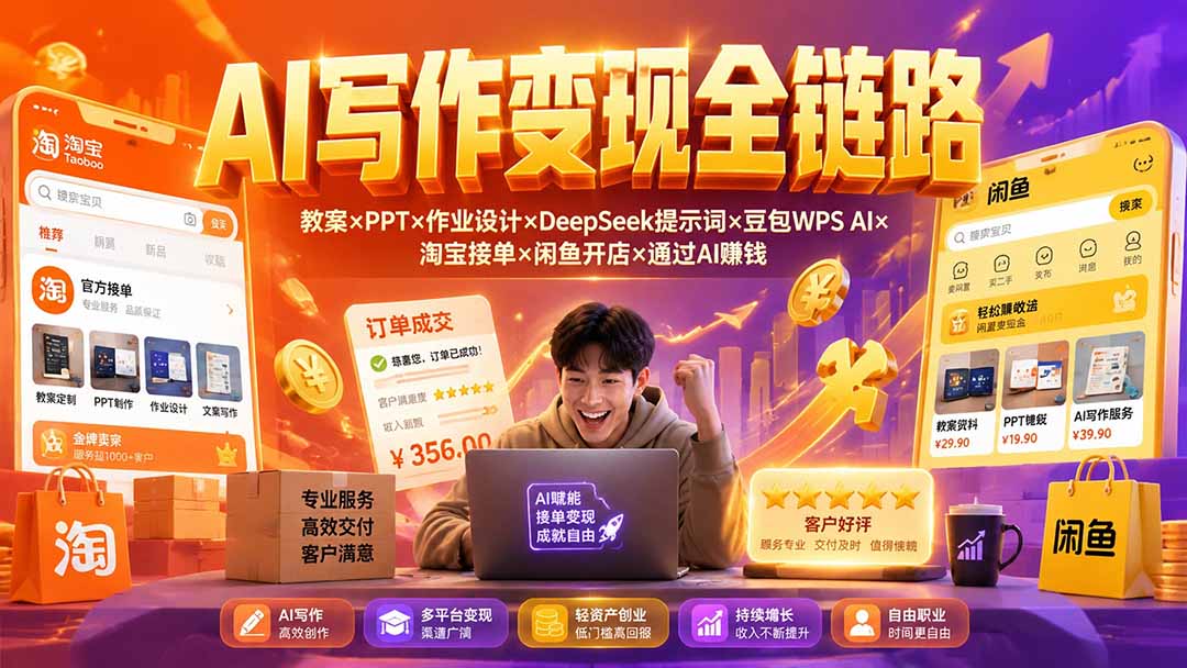 （19561期）2026AI写作变现全链路：教案×PPT×作业设计×DeepSeek提示词×豆包WPS AI×淘宝接单×闲鱼开店×通过AI賺钱-小二项目网