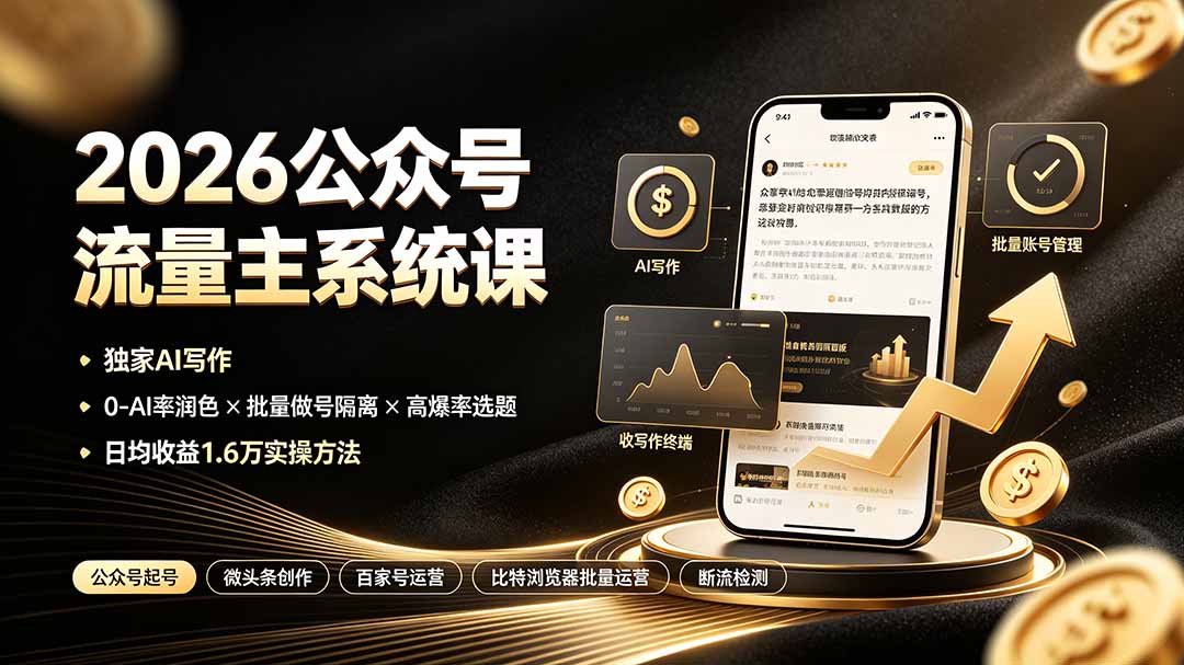 （19405期）2026公众号流量主系统课：独家AI写作×0-AI率润色×批量做号隔离×高爆率选题，日均收益1.6万实操方法-小二项目网