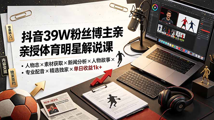 （19476期）抖音39W粉丝博主亲授体育明星解说课：人物志×素材获取×新闻分析×人物故事×专业配音×精选独家×单日收益1k+-小二项目网