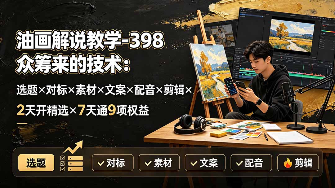 （19527期）油画解说教学-398众筹来的技术：选题×对标×素材×文案×配音×剪辑×2天开精选×7天通9项权益-小二项目网