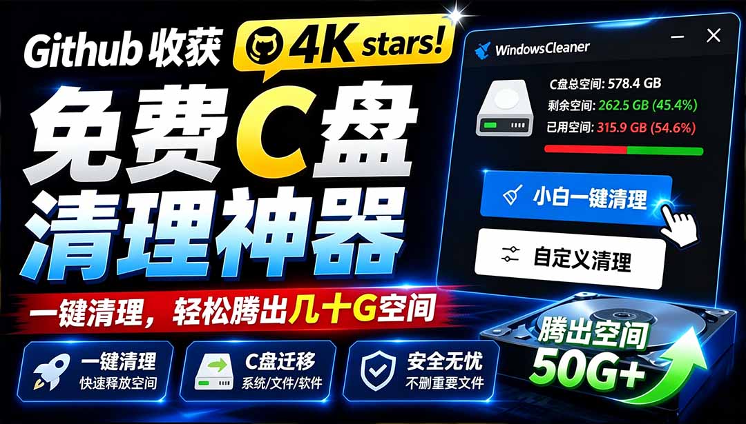 （19528期）Github收获 4K stars！免费C盘清理神器，轻松腾出几十G空间，支持C盘迁移 Windows Cleaner-小二项目网