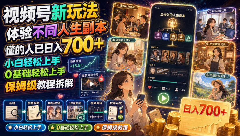 视频号新玩法体验不同人生副本，懂的人已日入700+，小白轻松上手，0基础轻松上手，保姆级教程拆解-小二项目网