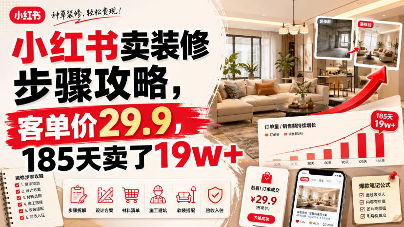 小红书卖装修步骤攻略，客单价29.9，185天卖了19w+！-小二项目网