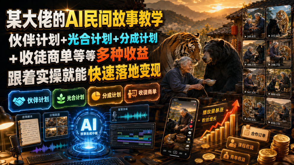 某大佬的AI民间故事教学，伙伴计划+光合计划+分成计划+收徒商单等多种收益，跟着实操就能快速落地变现-小二项目网