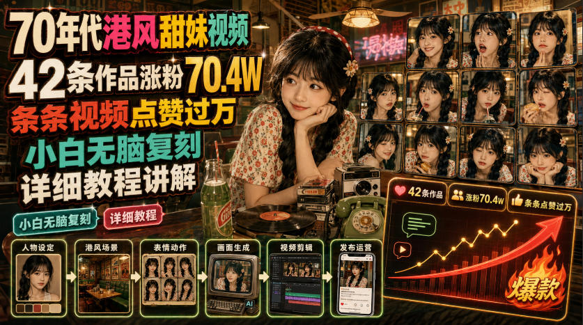 70年代港风甜妹视频，42条作品涨粉70.4W，条条视频点赞过万，小白无脑复刻，详细教程讲解-小二项目网