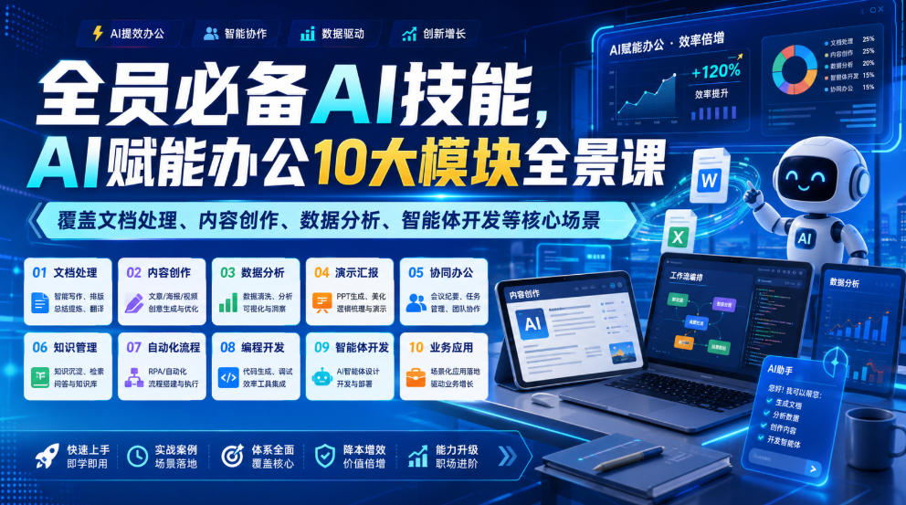 全员必备AI技能，AI赋能办公10大模块全景课，覆盖文档处理、内容创作、数据分析、智能体开发等核心场景-小二项目网