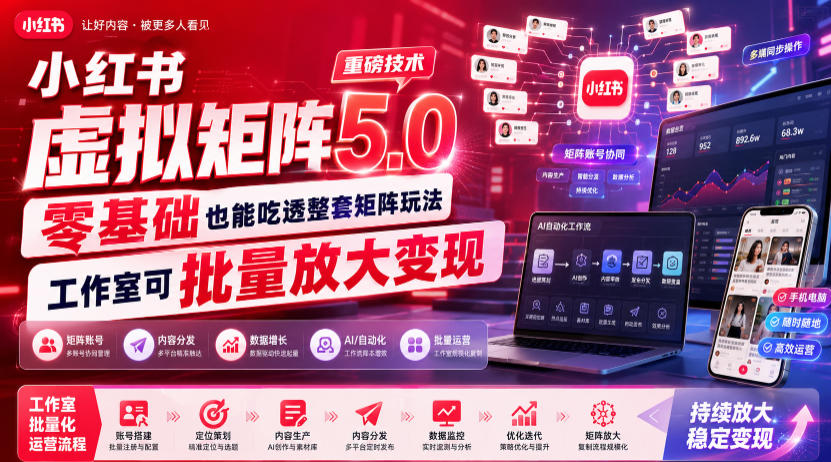小红书虚拟矩阵5.0重磅技术，零基础也能吃透整套矩阵玩法，工作室可批量放大变现-小二项目网