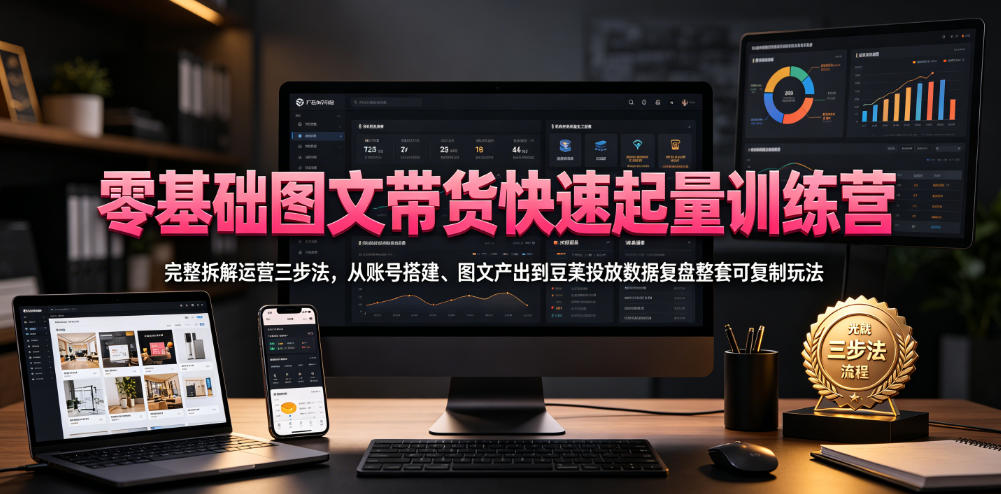 零基础图文带货快速起量训练营，完整拆解运营三步法，从账号搭建、图文产出到豆荚投放数据复盘整套可复制玩法-小二项目网
