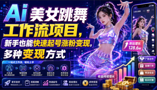 Ai美女跳舞工作流项目，新手也能快速起号涨粉变现，多种变现方式-小二项目网
