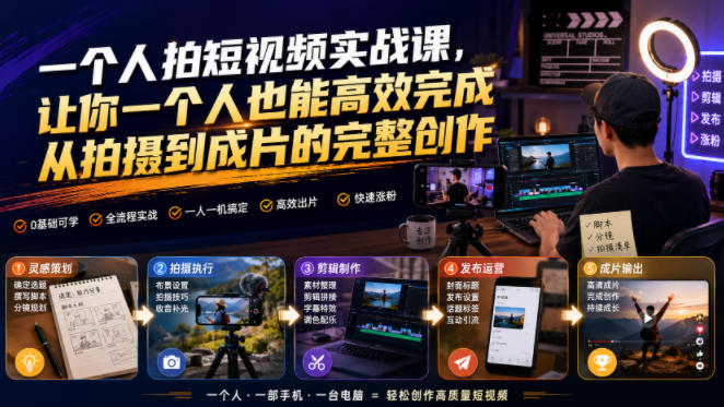 一个人拍短视频实战课，让你一个人也能高效完成从拍摄到成片的完整创作-小二项目网