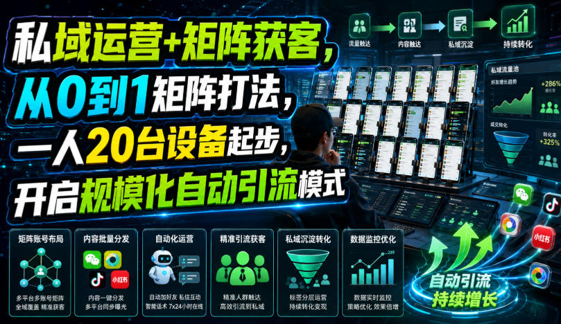 私域运营+矩阵获客，从0到1矩阵打法，一人20台设备起步，开启规模化自动引流模式！-小二项目网