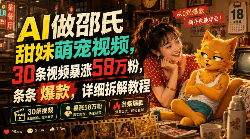AI做邵氏甜妹萌宠视频，30条视频暴涨58万粉，条条爆款，详细拆解教程-小二项目网
