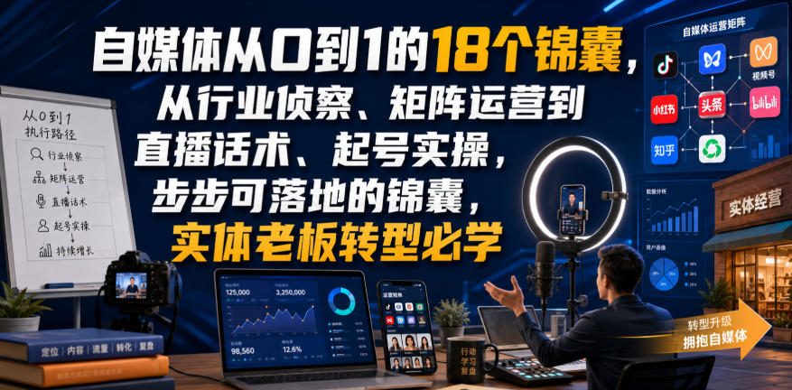 自媒体从0到1的18个锦囊，从行业侦察、矩阵运营到直播话术、起号实操，步步可落地的锦囊，实体老板转型必学-小二项目网