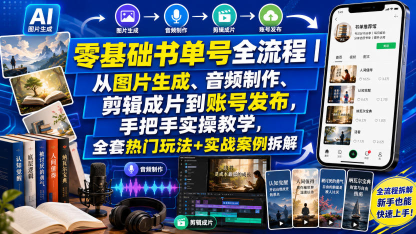 零基础书单号全流程｜从图片生成、音频制作、剪辑成片到账号发布，手把手实操教学，全套热门玩法+实战案例拆解-小二项目网