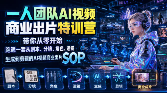 一人团队AI视频商业出片实战课：带你从零开始跑通一套从剧本、分镜、角色、运镜、生成到剪辑的AI视频商业出片SOP-小二项目网
