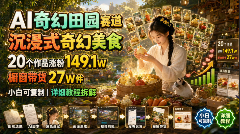 AI奇幻田园赛道，沉浸式奇幻美食，20个作品涨粉149.1W，橱窗带货27W件，小白可复制，详细教程拆解-小二项目网