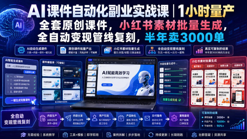 AI课件自动化副业实战课｜1小时量产全套原创课件，小红书素材批量生成，全自动变现管线复刻，半年卖3000单-小二项目网