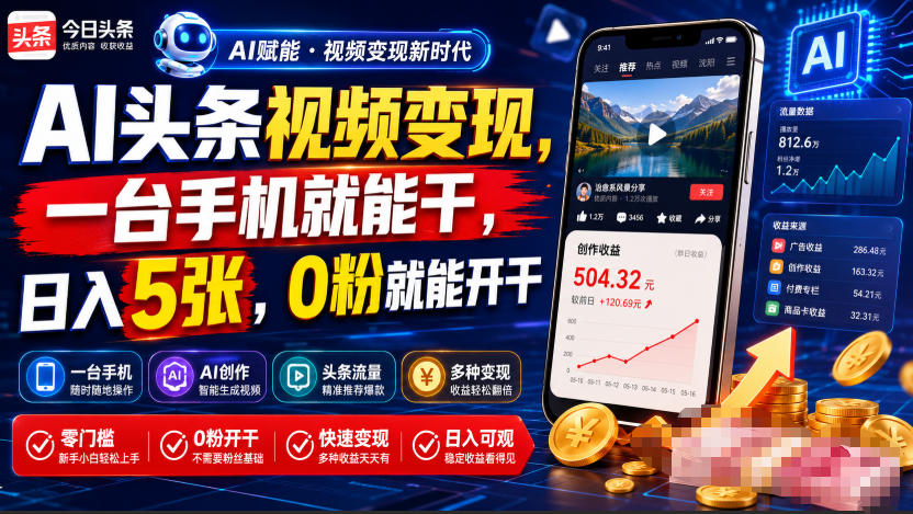 AI头条视频变现，一台手机就能干，日入5张，0粉就能开干-小二项目网