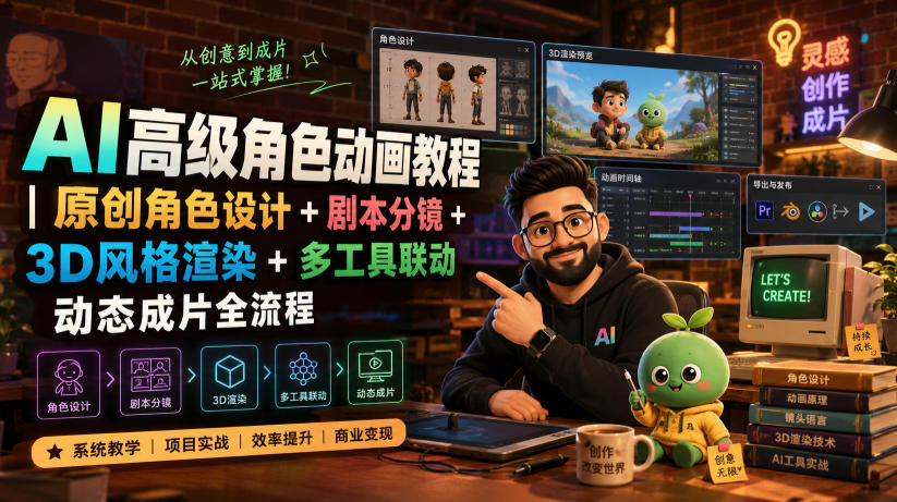 AI高级角色动画教程｜原创角色设计+剧本分镜+3D风格渲染+多工具联动动态成片全流程【中英字幕】-小二项目网