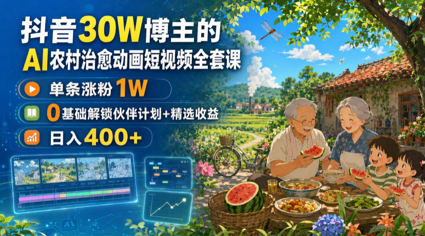 抖音30W博主的AI农村治愈动画短视频全套课｜单条涨粉1W，0基础解锁伙伴计划+精选收益，日入400+-小二项目网