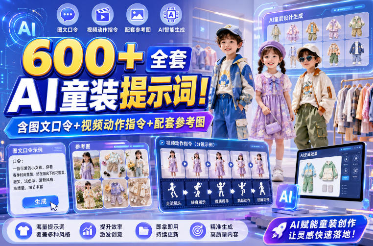 600+全套AI童装提示词！含图文口令+视频动作指令+配套参考图，Word-Excel规整分类，童装电商、种草无脑量产内容！-小二项目网
