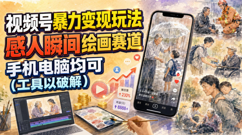 视频号暴力变现玩法，感人瞬间绘画赛道，手机电脑均可-小二项目网