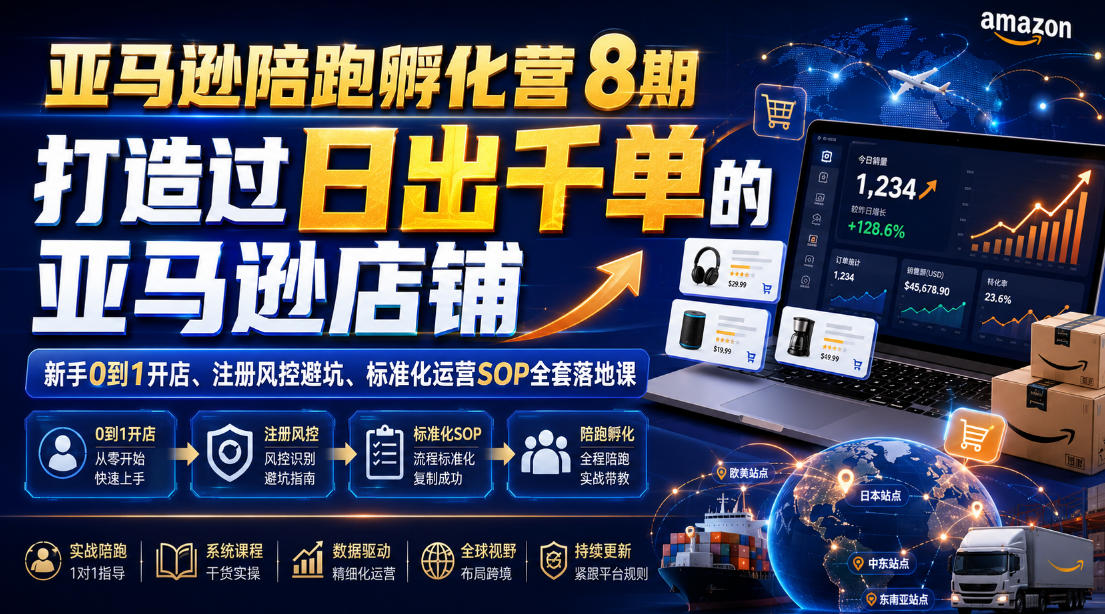 亚马逊陪跑孵化营8期，打造过日出千单的亚马逊店铺，新手0到1开店、注册风控避坑、标准化运营SOP全套落地课-小二项目网