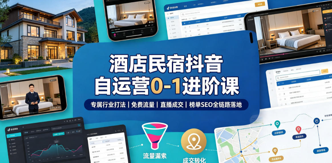酒店民宿抖音自运营0-1进阶课｜专属行业打法、免费流量+直播成交+榜单SEO全链路落地-小二项目网