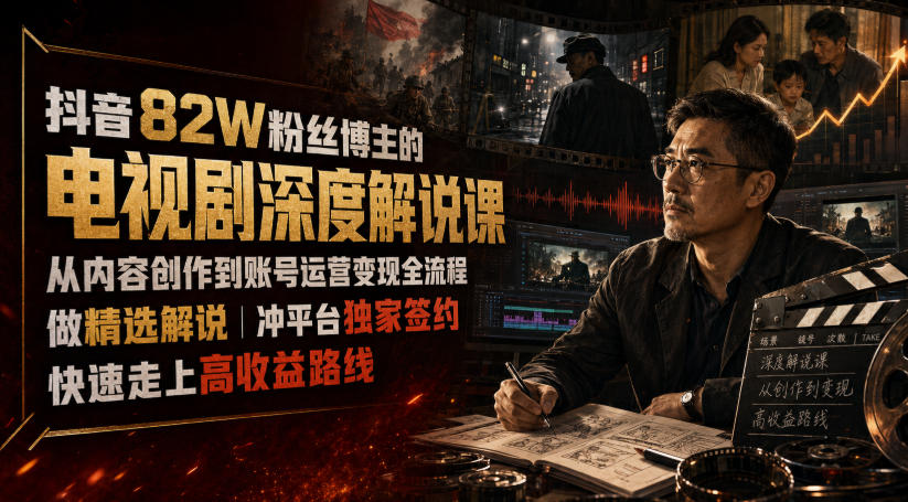 抖音82W粉丝博主的电视剧深度解说课，从内容创作到账号运营变现全流程，做精选解说，冲平台独家签约，快速走上高收益路线-小二项目网