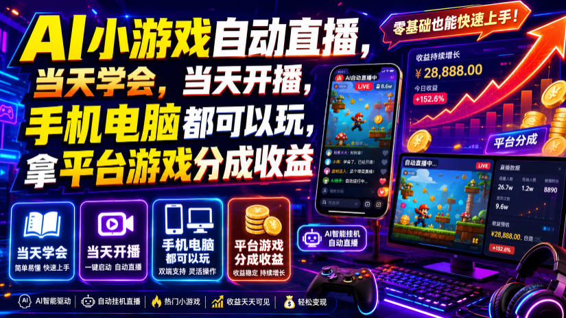 AI小游戏自动直播，当天学会，当天开播，手机电脑都可以玩，拿平台游戏分成收益-小二项目网