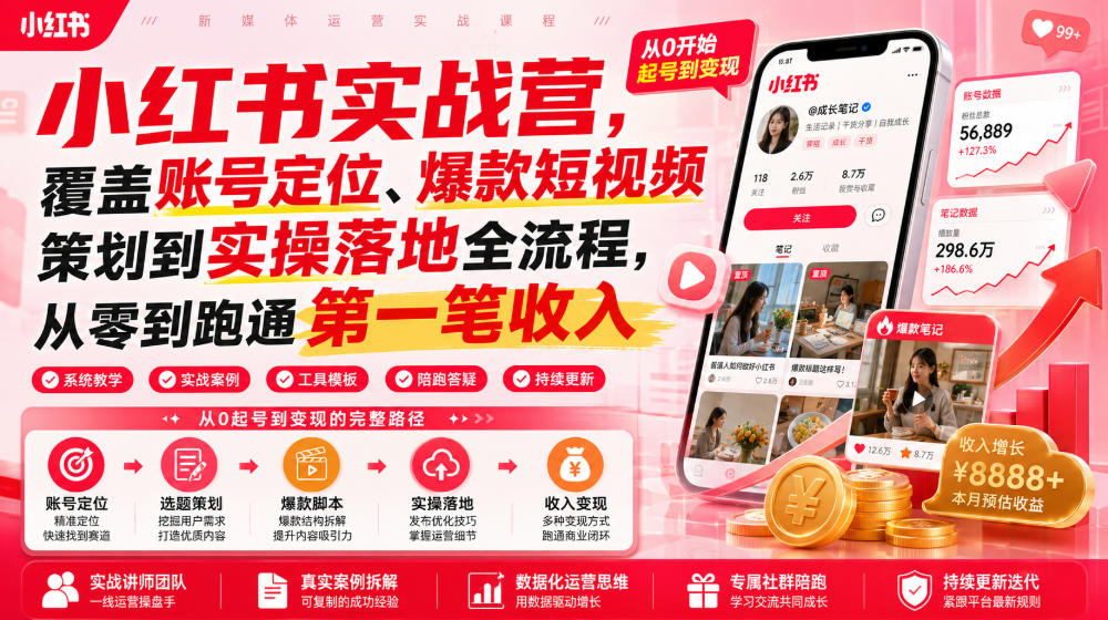 小红书实战营，覆盖账号定位、爆款短视频策划到实操落地全流程，从零到跑通第一笔收入-小二项目网