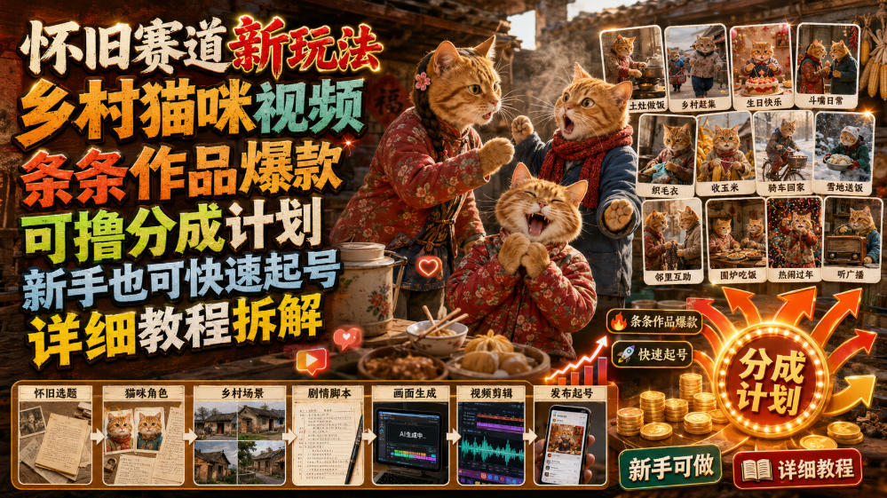 怀旧赛道新玩法，乡村猫咪视频，条条作品爆款，可撸分成计划，新手也可快速起号，详细教程拆解-小二项目网