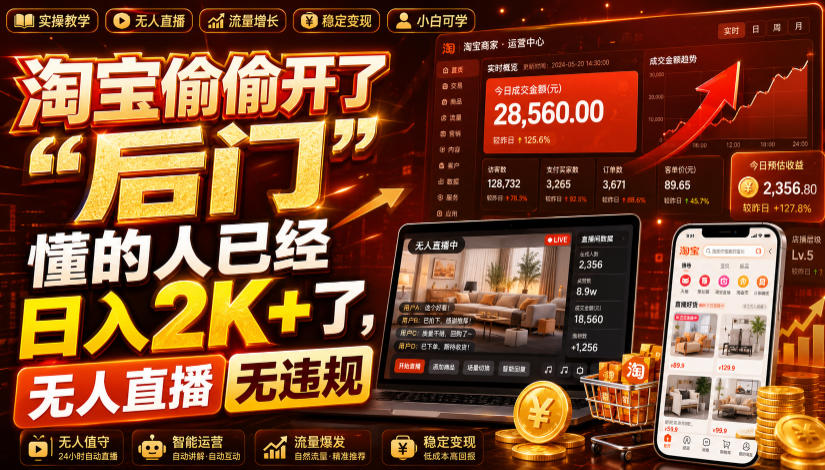 淘宝偷偷开了“后门”，懂的人已经日入2K+了，无人直播无违规，一台电脑=一家24小时营业的线上门店【揭秘】-小二项目网