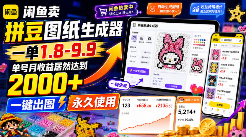 闲鱼卖拼豆图纸生成器，一单1.8-9.9，单号月收益居然达到2000+一键出图永久使用-小二项目网