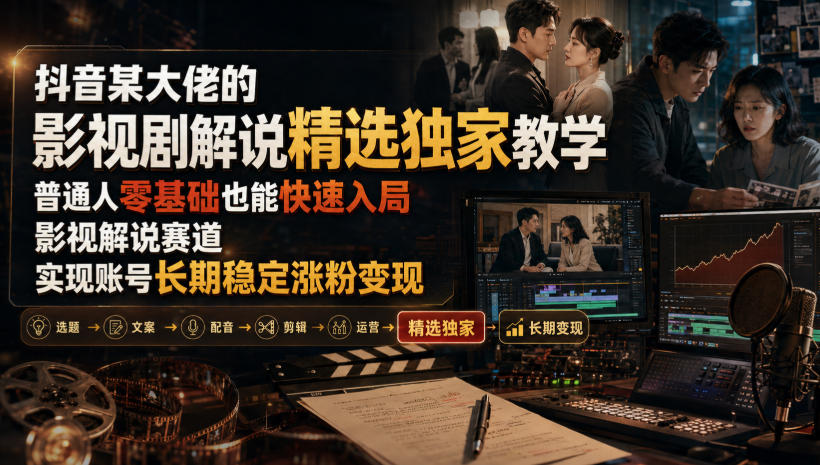 抖音某大佬的影视剧解说精选独家教学，普通人零基础也能快速入局影视解说赛道，实现账号长期稳定变现-小二项目网