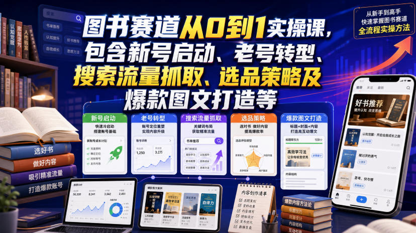 图书赛道从0到1实操课，包含新号启动、老号转型、搜索流量抓取、选品策略及爆款图文打造等-小二项目网
