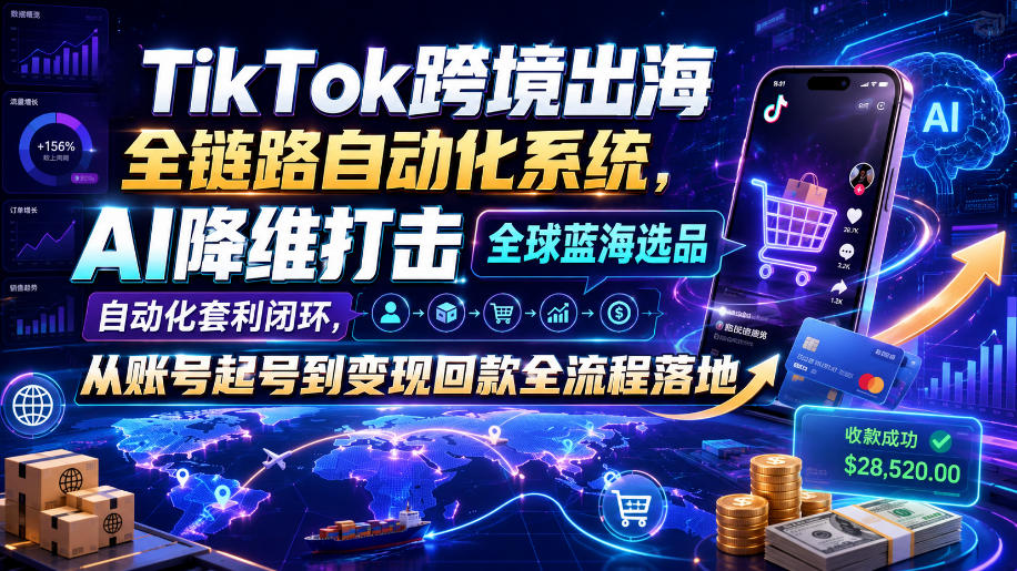 TikTok跨境出海全链路自动化系统，AI降维打击全球蓝海选品自动化套利闭环，从账号起号到变现回款全流程落地（2026年7月）-小二项目网