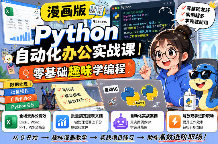 漫画版Python自动化办公实战课｜零基础趣味学编程，全场景办公提效、批量搞定报表文档、解放双手进阶职场-小二项目网