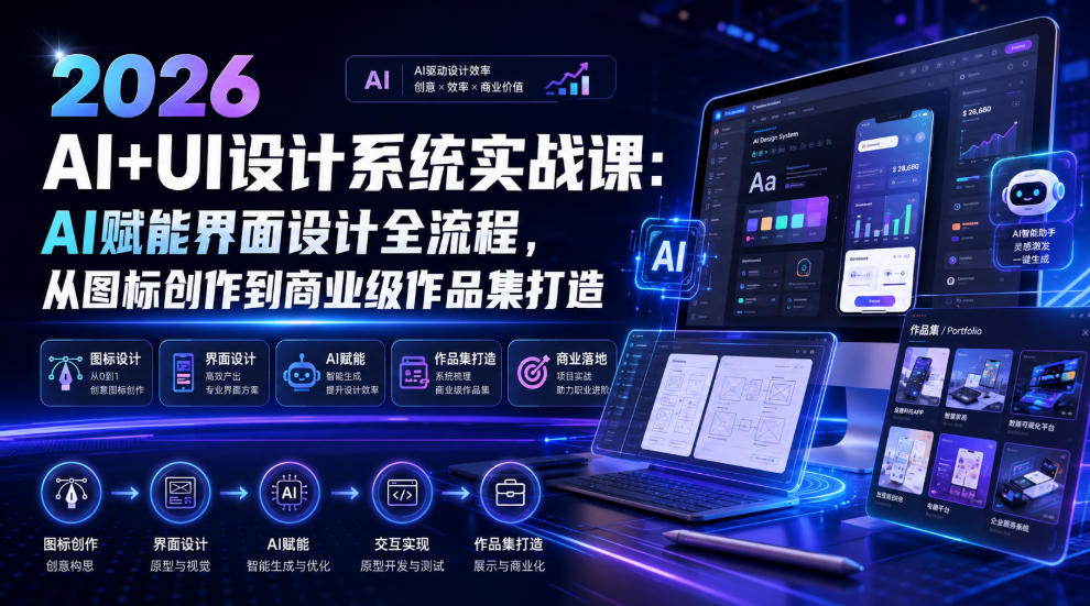 2026 AI+UI设计系统实战课：AI赋能界面设计全流程，从图标创作到商业级作品集打造-小二项目网