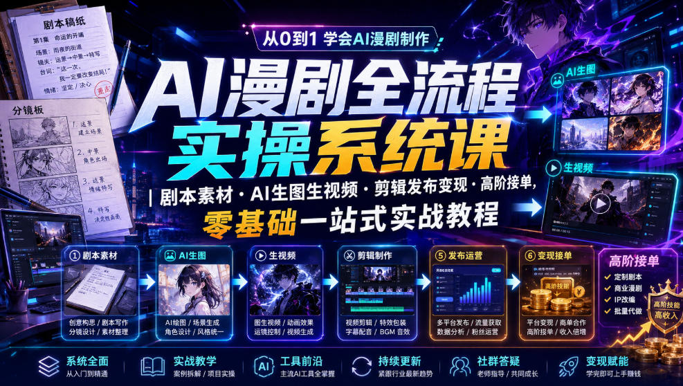 AI漫剧全流程实操系统课｜剧本素材・AI生图生视频・剪辑发布变现・高阶接单，零基础一站式实战教程-小二项目网