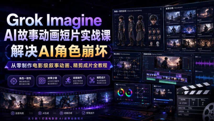Grok Imagine AI故事动画短片实战课｜解决AI角色崩坏，从零制作电影级叙事动画、精剪成片全教程（中英字幕）-小二项目网