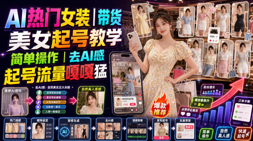 AI热门女装带货丨美女起号教学，简单操作，去AI感，起号流量嘎嘎猛-小二项目网