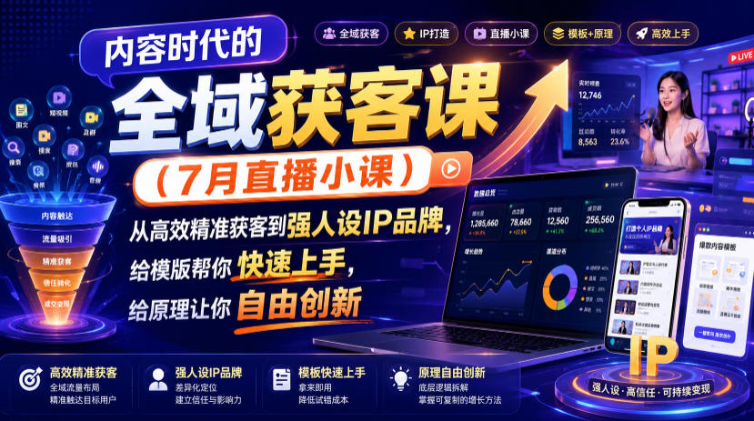 内容时代的全域获客课（7月直播小课），从高效精准获客到强人设IP品牌，给模版帮你快速上手，给原理让你自由创新-小二项目网