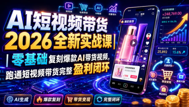 AI短视频带货2026全新实战课｜零基础复刻爆款AI带货视频，跑通短视频带货完整盈利闭环-小二项目网