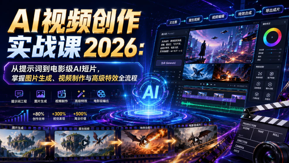 AI视频创作实战课2026：从提示词到电影级AI短片，掌握图片生成、视频制作与高级特效全流程-小二项目网