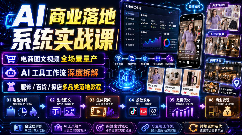 AI商业落地系统实战课｜电商图文视频全场景量产・AI工具工作流深度拆解・服饰/百货/探店多品类落地教程-小二项目网